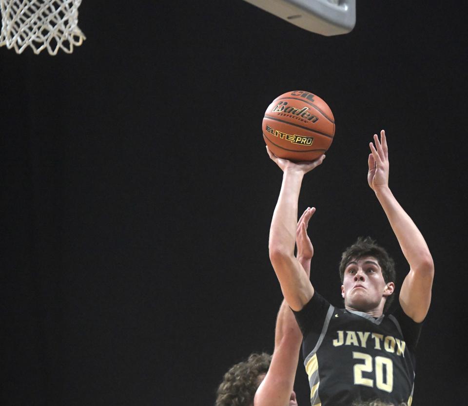 Jayton's Colt Gentry shoots against Benjamin in a boys Class 1A state championship, Saturday, March 9, 2024, at the Alamodome in San Antonio.