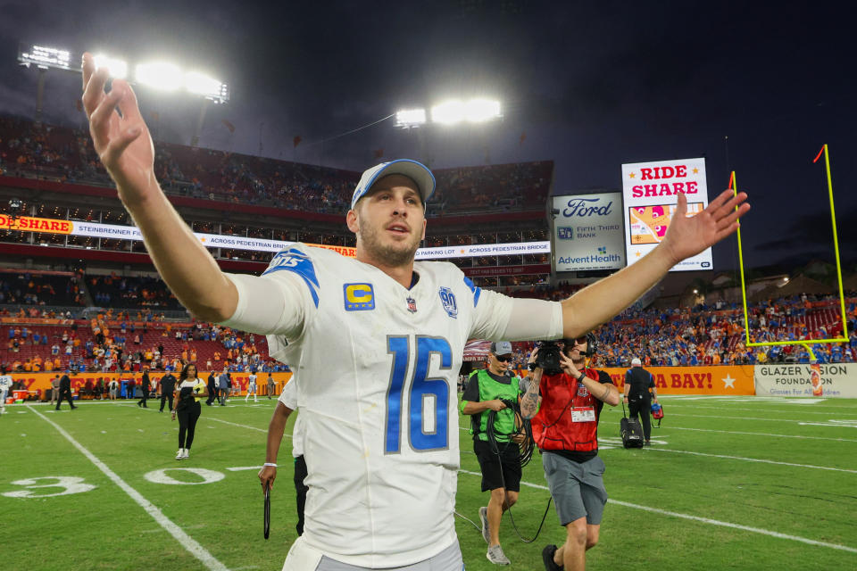 Oct 15, 2023; Tampa, Florida, USA; Detroit Lions quarterback <a class="link " href="https://sports.yahoo.com/nfl/players/29235" data-i13n="sec:content-canvas;subsec:anchor_text;elm:context_link" data-ylk="slk:Jared Goff;sec:content-canvas;subsec:anchor_text;elm:context_link;itc:0">Jared Goff</a> (16) celebrates after beating the <a class="link " href="https://sports.yahoo.com/nfl/teams/tampa-bay/" data-i13n="sec:content-canvas;subsec:anchor_text;elm:context_link" data-ylk="slk:Tampa Bay Buccaneers;sec:content-canvas;subsec:anchor_text;elm:context_link;itc:0">Tampa Bay Buccaneers</a> at Raymond James Stadium. Mandatory Credit: Nathan Ray Seebeck-USA TODAY Sports