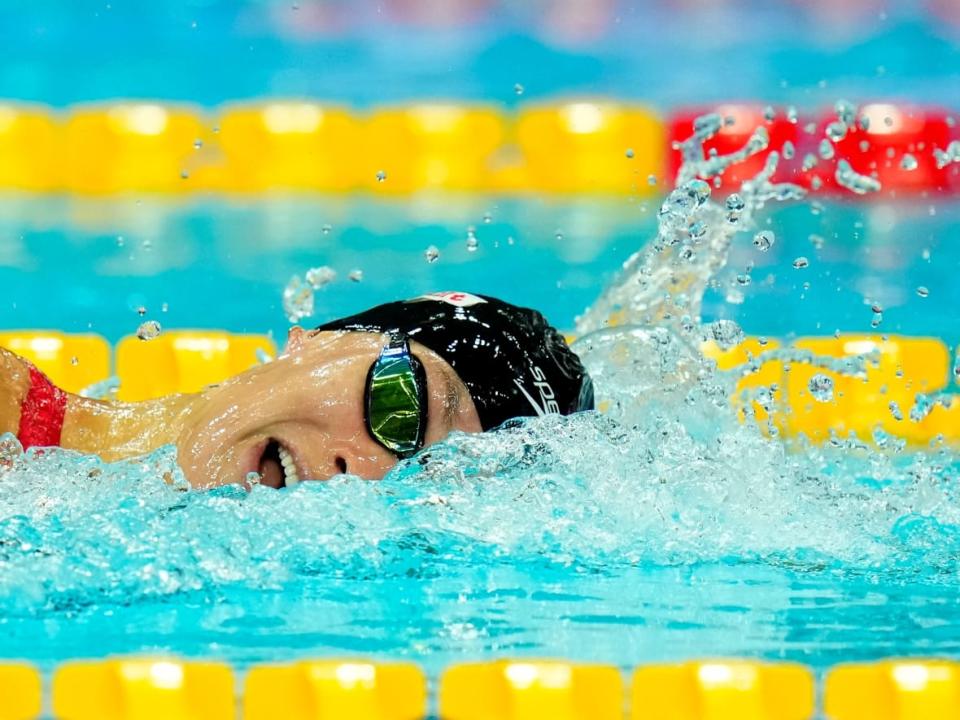 Canada's Penny Oleksiak, seen above earlier at worlds, placed fourth in the women's 100-metre freestyle final on Thursday in Budapest, Hungary. (Petr David Josek/The Associated Press - image credit)