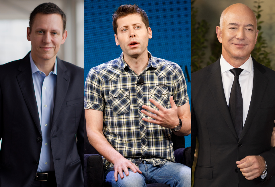 美國科技公司富豪最近斥數以億計美元，投資抗衰老藥物，左起：Peter Thiel、Sam Altman及Jeff Bezos。（Getty Images）