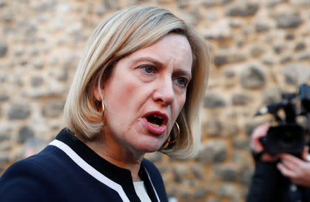 FILE PHOTO: Secretary of State for Work and Pensions Amber Rudd, talks to the media outside the Houses of Parliament in London, Britain, December 12, 2018. REUTERS/Eddie Keogh