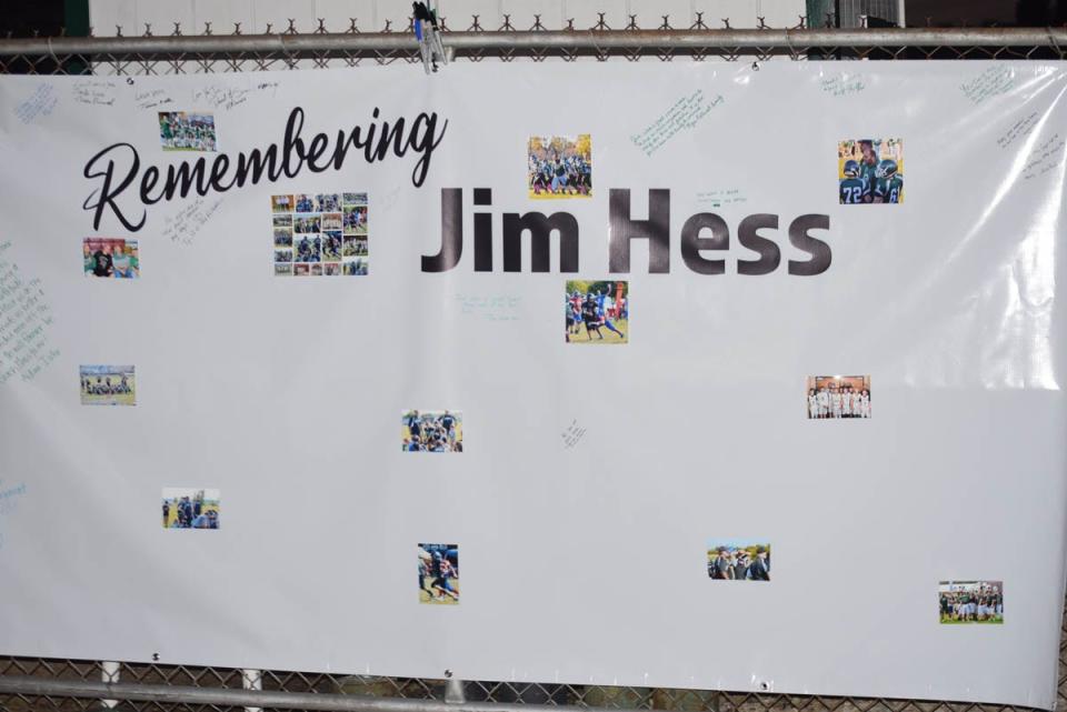 A banner celebrates the life of dedicated Northridge supporter Jim Hess, who died Aug. 29. The Vikings were playing their first home game since his death against Watkins Memorial on Friday, Sept. 9, 2022.