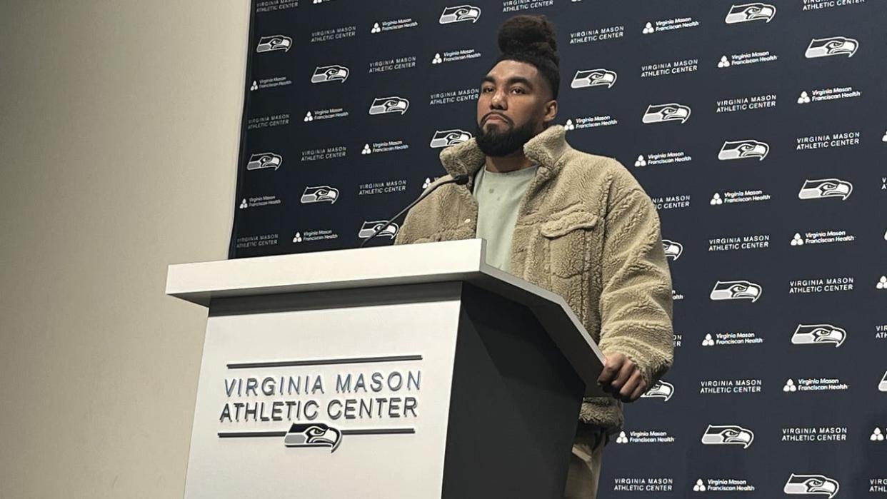 <div>Seattle Seahawks defensive lineman Leonard Williams speaks with reporters at the Virginia Mason Athletic Center in Renton, Wash. on April 17, 2024.</div> <strong>(Curtis Crabtree / FOX 13 Seattle)</strong>