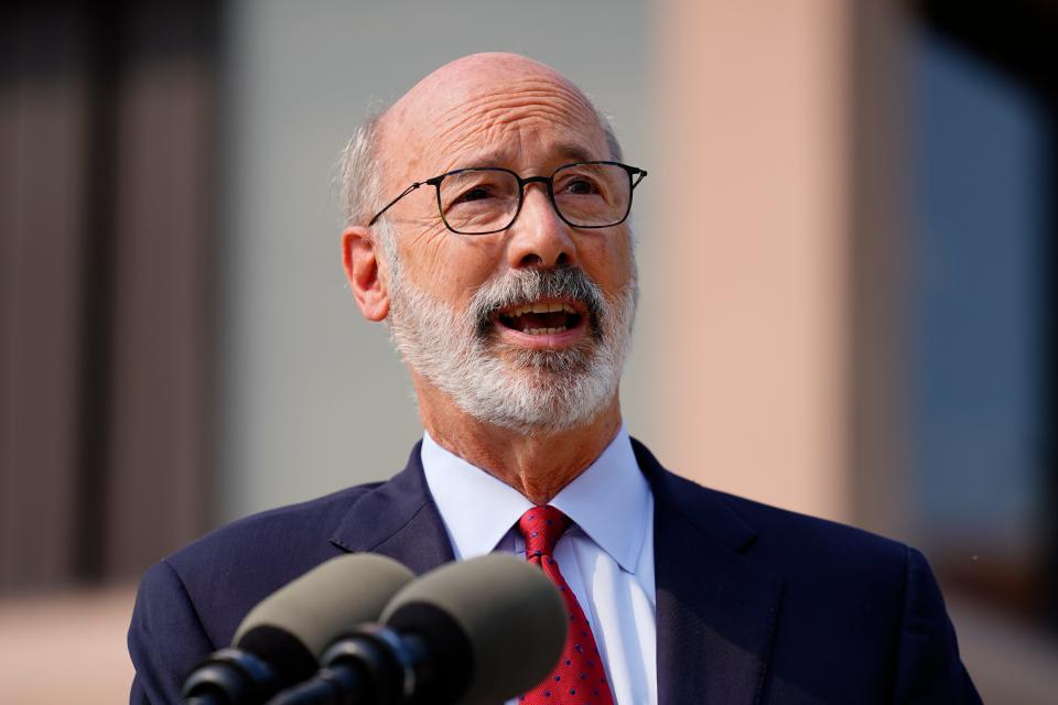 Gov. Tom Wolf speaks at a COVID-19 vaccination clinic at the Reading Area Community College in Reading, Pa., Tuesday, Sept. 14, 2021.