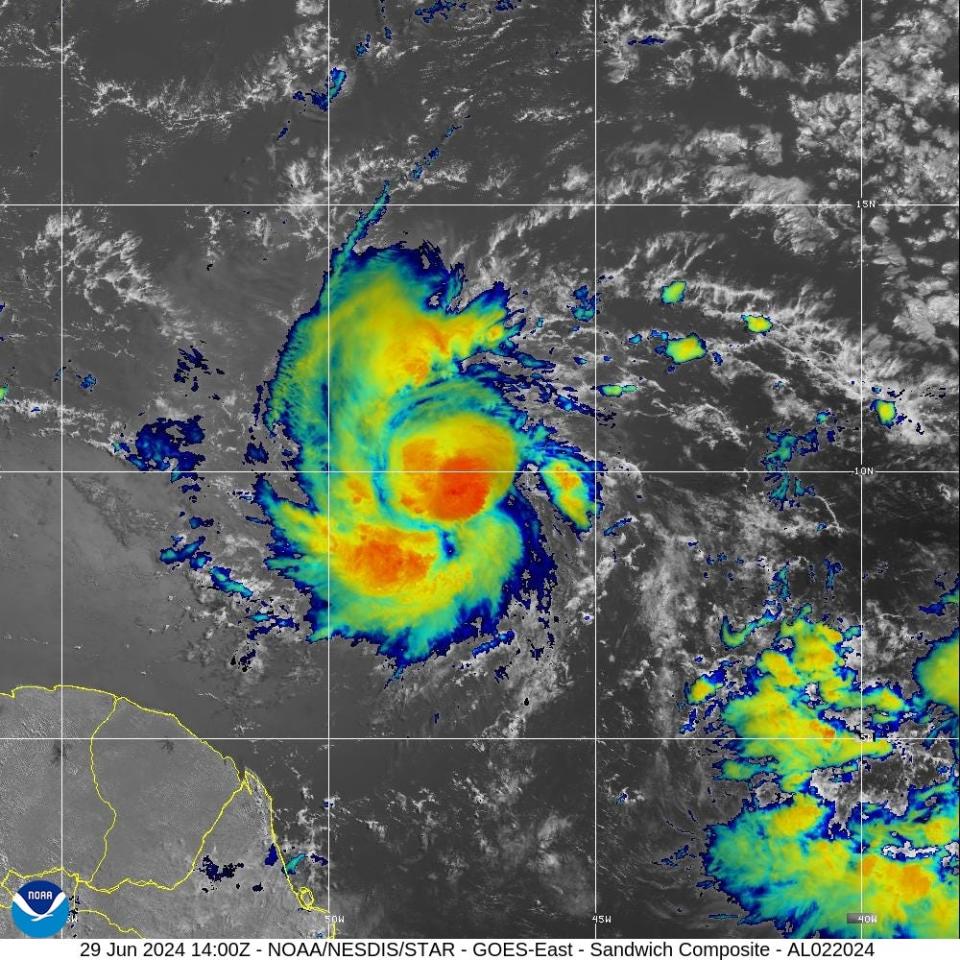 Tropical Storm Beryl on NOAA satellite on Saturday morning.