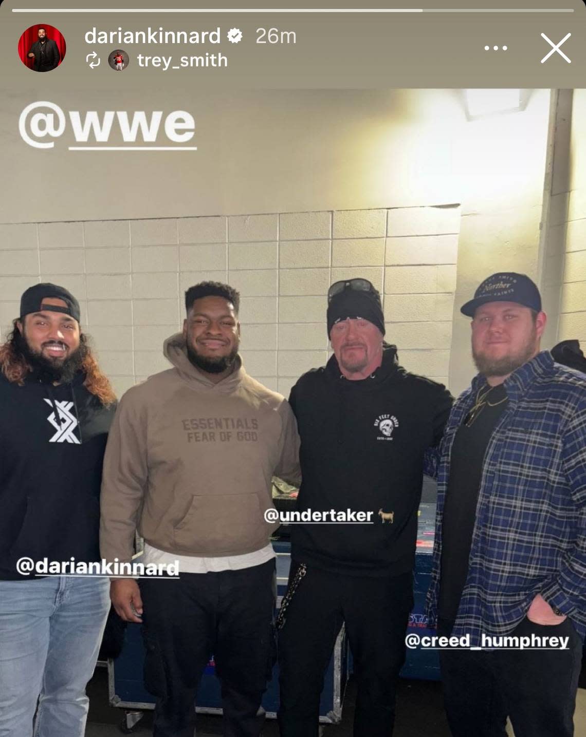 Chiefs offensive linemen Darian Kinnard, Trey Smith and Creed Humphrey met WWE star The Undertaker. Screengrab of Darian Kinnard Instagram story