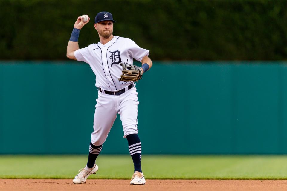 Tigers second baseman Kody Clemens makes a throw to first base for an out during the fourth inning of the Tigers' 4-0 win in Game 2 of a doubleheader against the Twins on Tuesday, May 31, 2022, at Comerica Park.