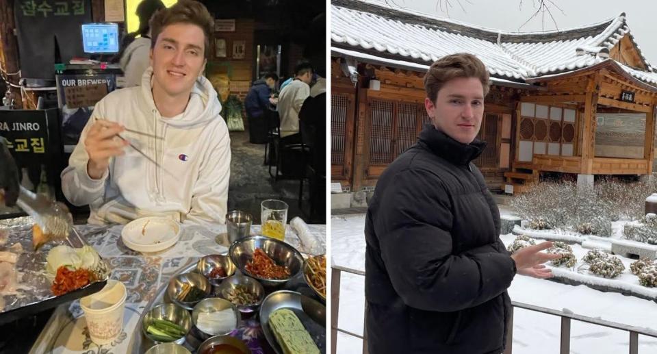 Worker Jordan Carroll, 24, eating food at a restaurant in Asia (left) and visiting a tourist spot (right).