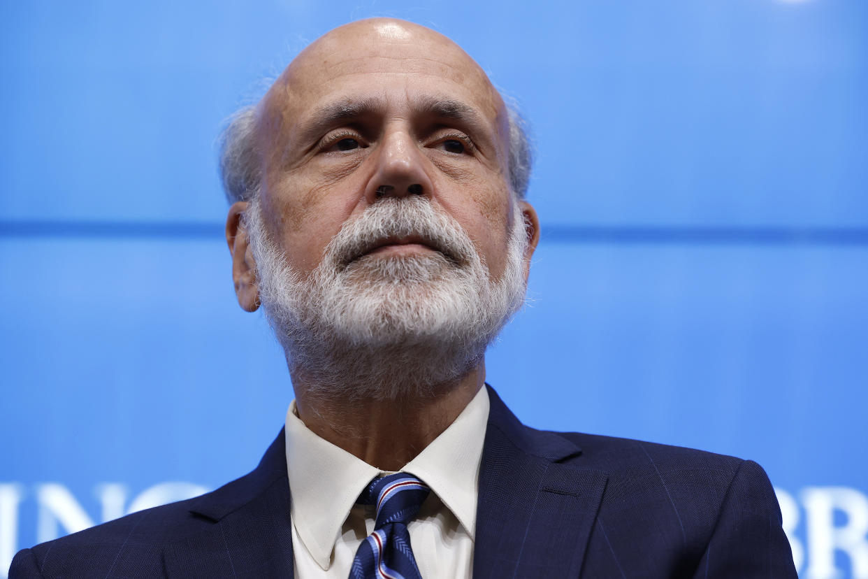 WASHINGTON, DC - OCTOBER 10: Former Federal Reserve Chair Ben Bernanke speaks during a news conference at the Brookings Institution after it was announced that he and two other economists were awarded the Nobel Prize in Economic Sciences October 10, 2022 in Washington, DC. Bernanke and the economists Douglas Diamond and Philip Dybvig were awarded for research on banks and “how society deals with financial crises.”  (Photo by Chip Somodevilla/Getty Images)