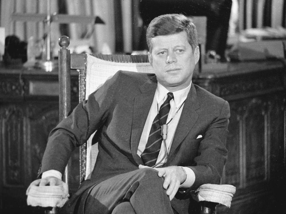 President John F. Kennedy (1917 - 1963) in the White House during the filming a televised interview entitled 'After Two Years: A Conversation with the President,' Washington DC, December 16, 1962.