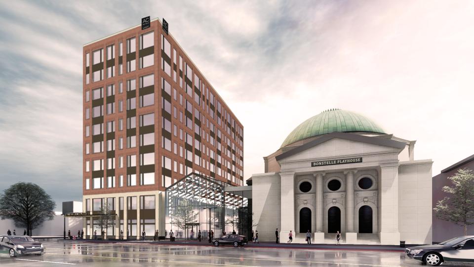 A rendering of the future AC Hotel in Midtown Detroit that will incorporate the Bonstelle Theatre.