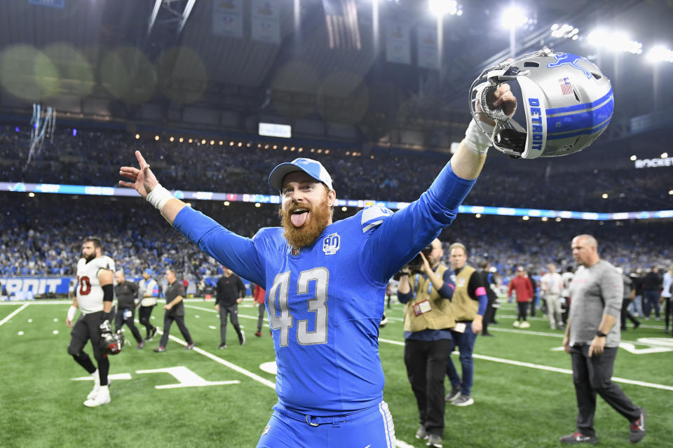 Detroit Lions long snapper Jake McQuaide reacts following an NFL football NFC divisional playoff game against the Tampa Bay Buccaneers, Sunday, Jan. 21, 2024, in Detroit. The Lions won 31-23. (AP Photo/Jose Juarez)