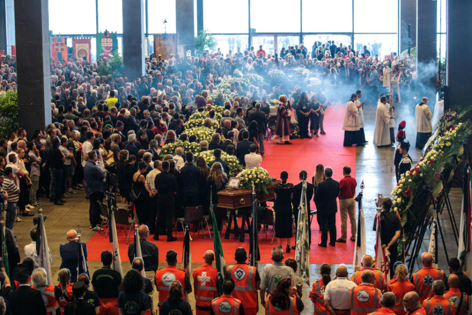 <p>A State funeral service is held for the victims of the Morandi Bridge disaster at the Fiera di Genova exhibition centre on Aug. 18, 2018 in Genoa, Italy. At least 38 people were killed and five remain missing after a large section of the Morandi highway bridge collapsed on Aug. 14, 2018. Many of the victims’ families declined the state funeral, with some reportedly holding government responsible for the accident. (Photo from Jack Taylor/Getty Images) </p>