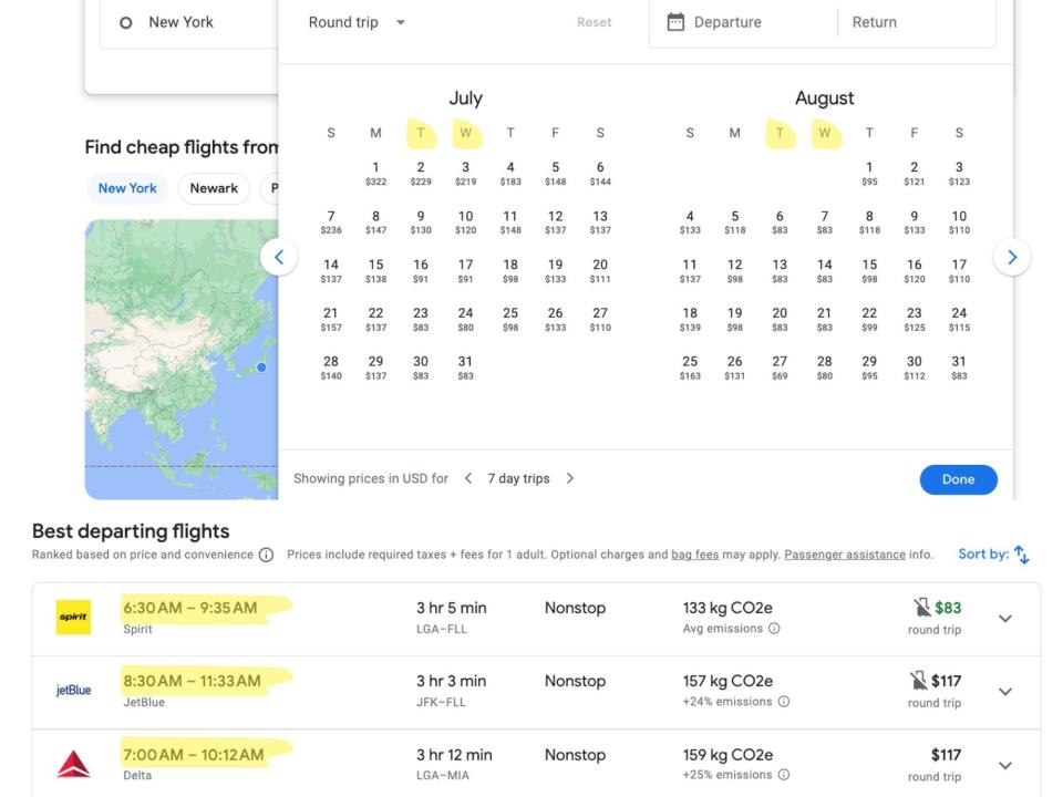 Flight booking webpage with a calendar and rates