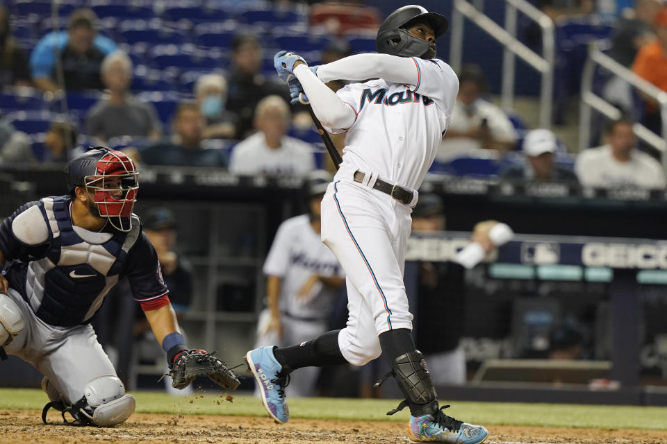 Miami Marlins Jazz Chisholm Jr. hits his second home run of a baseball game during the fifth inning against the Washington Nationals, Monday, Sept. 20, 2021, in Miami. (AP Photo/Marta Lavandier)