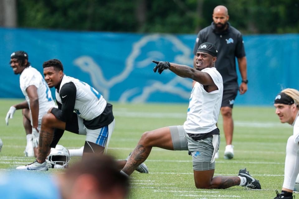 Detroit Lions safety C.J. Gardner-Johnson (2) warms up during minicamp at Detroit Lions Headquarters and Training Facility in Allen Park on Tuesday, June 6, 2023.