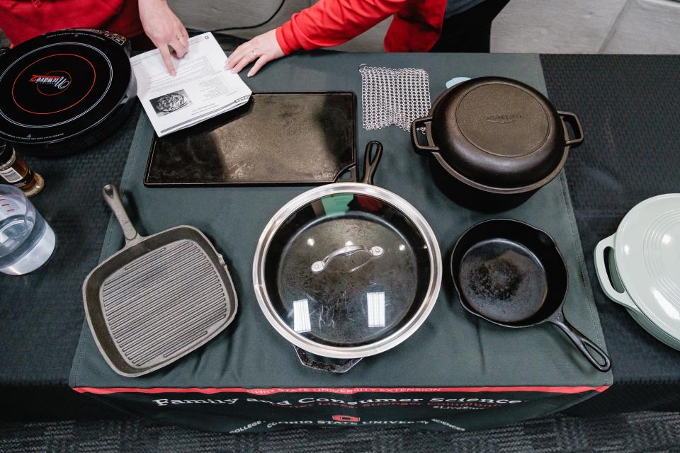 Various types of cast iron cookware were on display during a Cooking in Cast Iron class led by Corinna Gromley and Kate Shumaker, educators from The Ohio State University Extension Tuscarawas County.