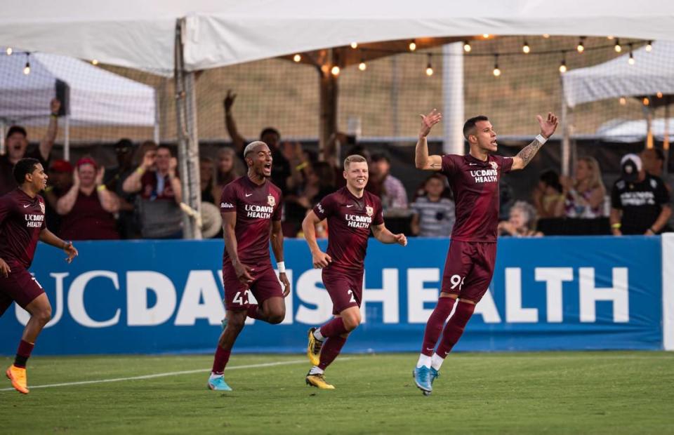 Sacramento Republic midfielder Luis Felipe, right, celebrates with teammates after his goal in the first half against the San Jose in a 2-0 win over the Earthquakes on Wednesday, May 25, 2022.