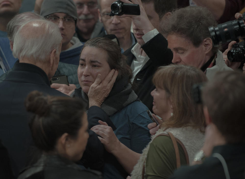 Joe Biden speaks with a supporter at a Town Hall with John Kerry in Cedar Rapids on Feb. 1.<span class="copyright">September Dawn Bottoms for TIME</span>