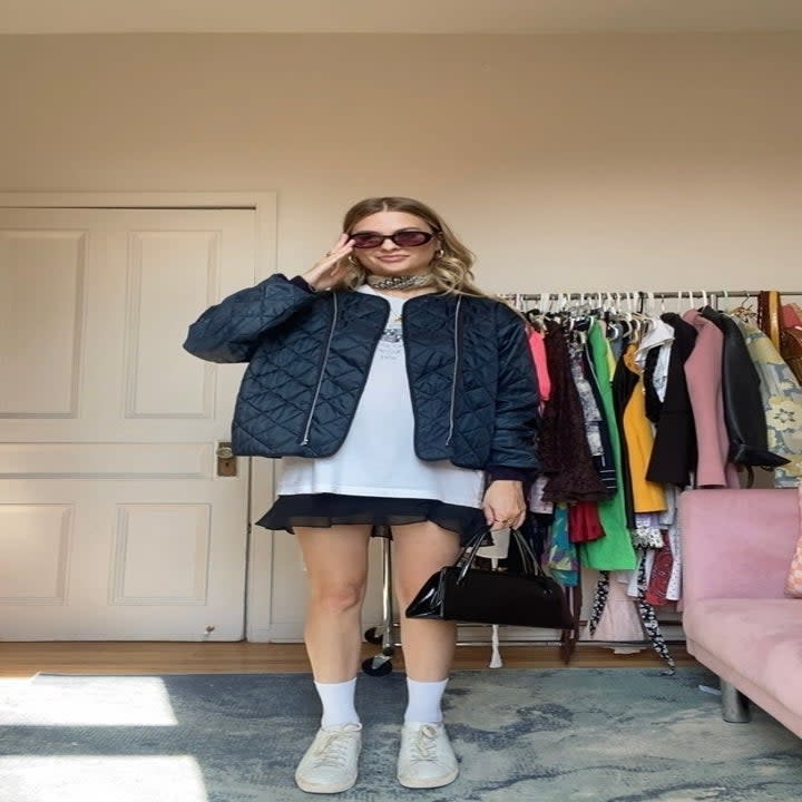 Showing two outfits where I styled tees with a skirt or dress underneath and sneakers