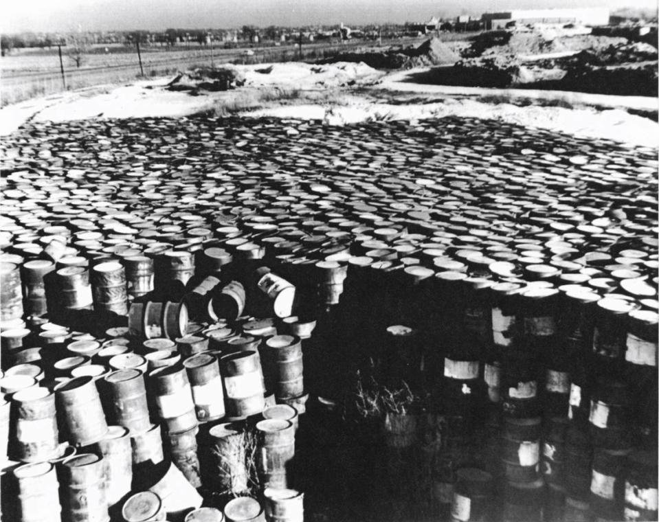 A photo taken by the Mallinckrodt-St. Louis Sites Task Force Working Group in 1960 of deteriorating steel drums containing radioactive residues near Coldwater Creek in north St. Louis County.