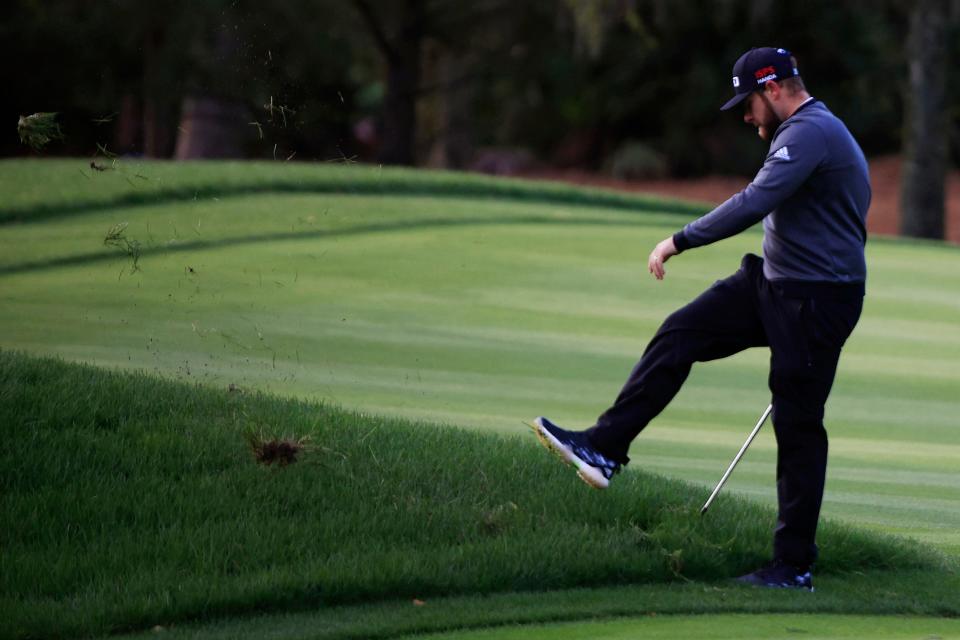 Tyrell Hatton expresses his dismay over a shot from the rough at the first hole of the Players Stadium Course in 2022. The fairway bunkers at No. 1 have been made a bit tougher for this year's Players Championship, with steeper faces.