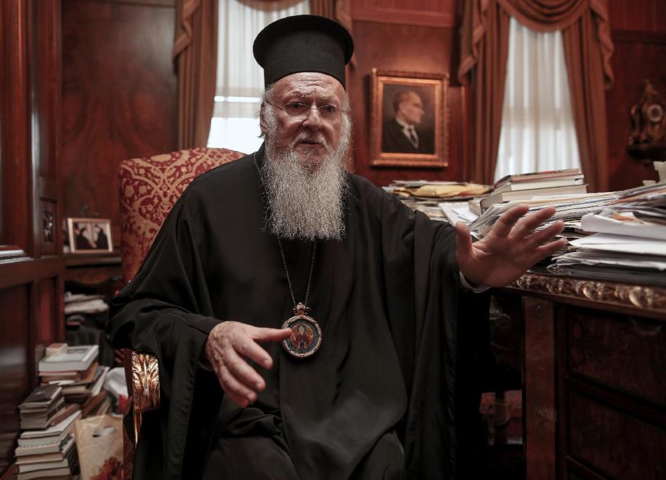 In this Friday, May 2, 2014 photo, Bartholomew I, spiritual leader of 250 million Orthodox Christians, speaks during an interview with The Associated Press in his office in Istanbul. Bartholomew I said a meeting with Pope Francis in Jerusalem this month will help move the two churches closer to ending their nearly one-thousand-year divide. (AP Photo/Emrah Gurel)