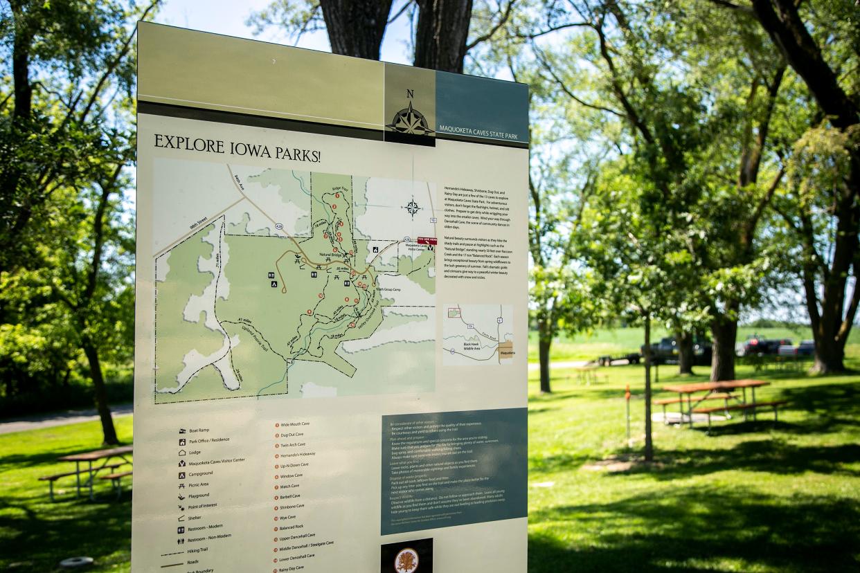 A map at the Maquoketa Caves State Park is seen July 22 in Maquoketa.