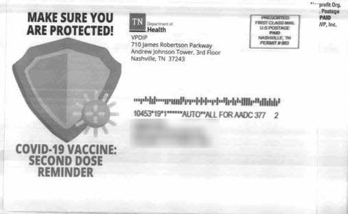 After Tennesseans receive their first dose of a coronavirus vaccine, the Tennessee Department of Health sends a postcard like this one to remind them to get a second dose. But, as the agency rolls back vaccine outreach, it will no longer send these reminders to minors.