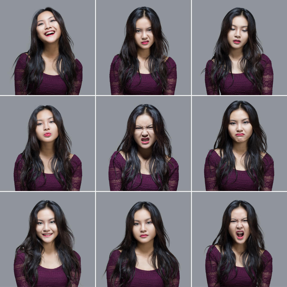 Pretty young woman making nine different facial expressions. All the images have been set against a light gray background. Some of her expressions include happiness, anger, boredom, thoughtful and worry. All the pictures were taken with a medium format Hasselblad Camera system and developed from Raw