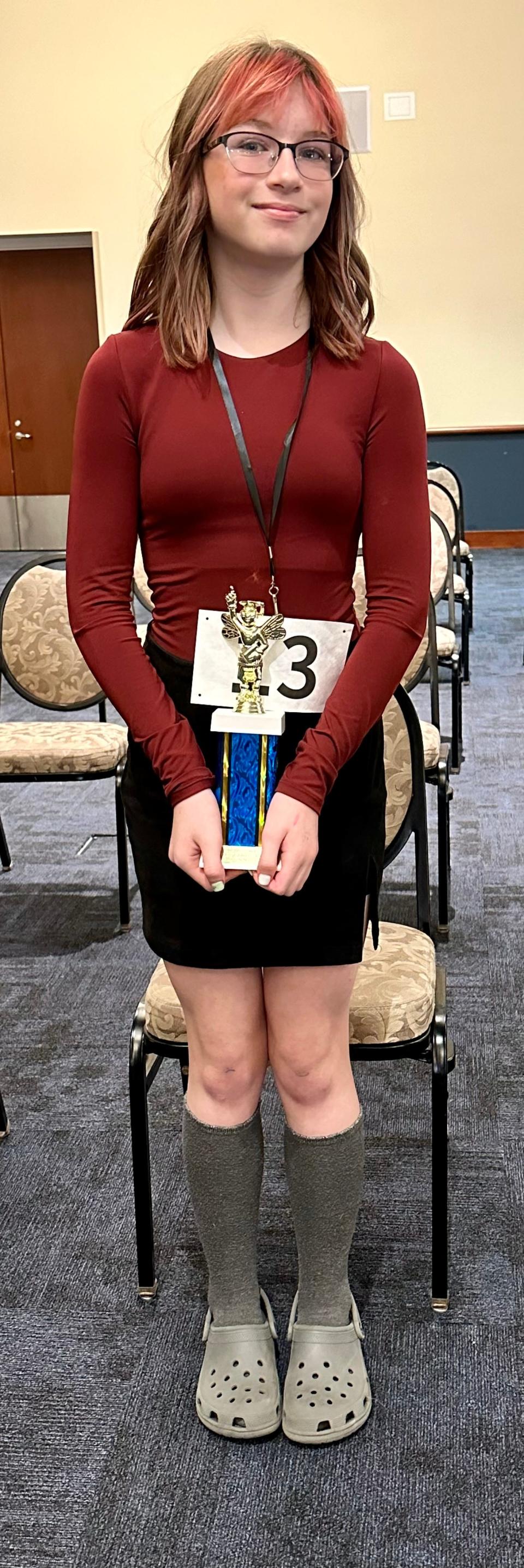 Breanna Dillon of Jackson Memorial Middle School placed third Saturday, March 16, 2024, in The Canton Repository's Regional Final Spelling Bee at Kent State University at Stark.