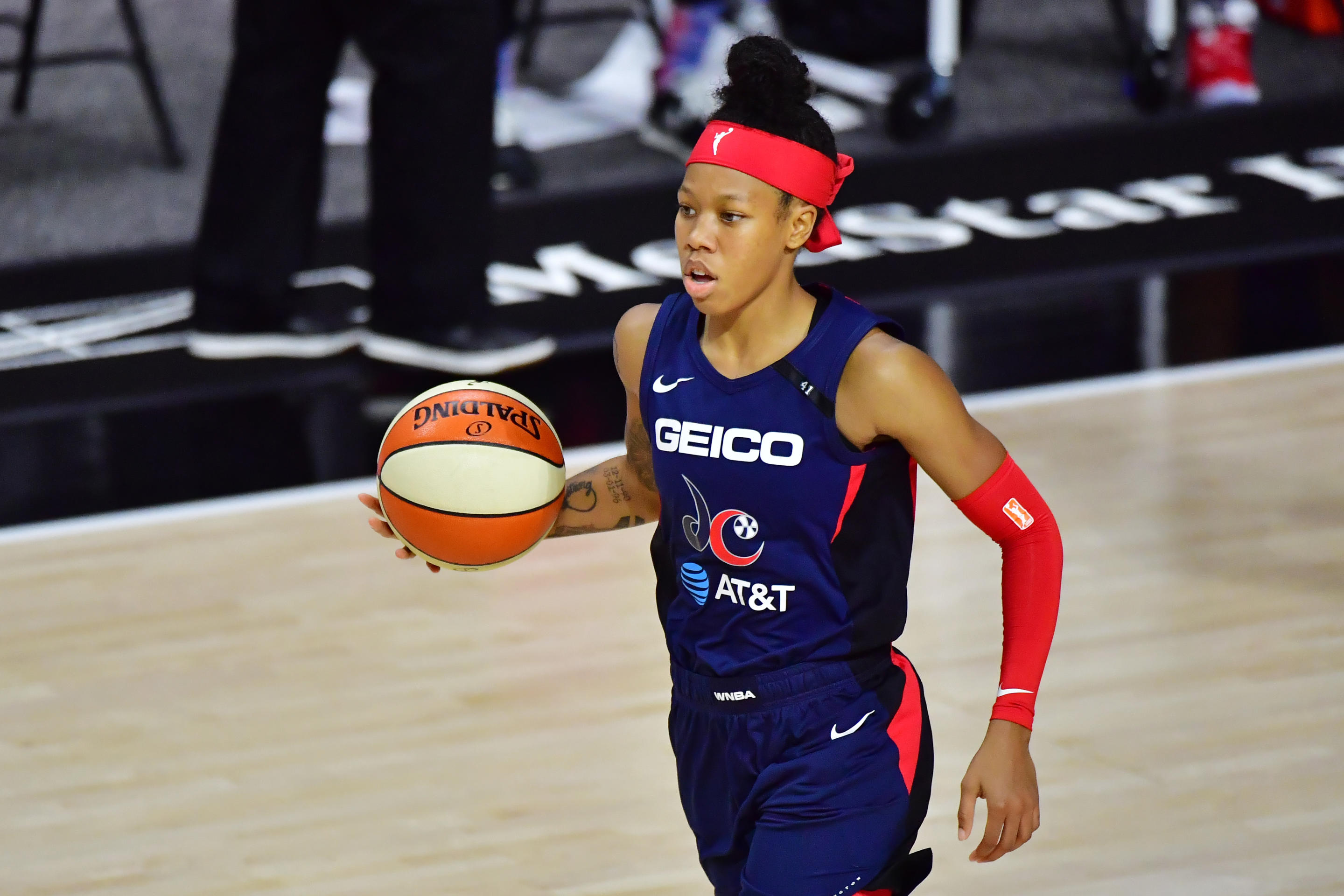 Sug Sutton plays for the Washington Mystics during the 2020 bubble season in Florida. She spent 12 games with the Mystics that season then bounced around international leagues. (Julio Aguilar/Getty Images)