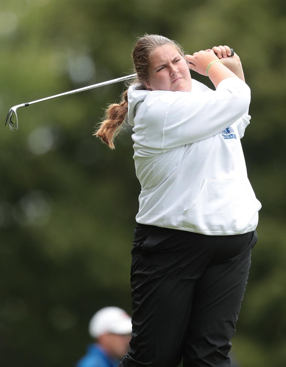 Lake's Amanda Fedor tees off on hole nine at the Elms Thursdsay, September 29, 2022.