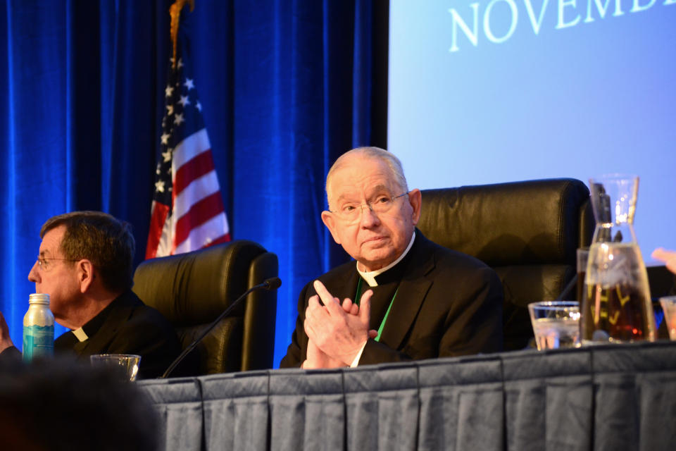 Los Angeles Archbishop Jose Gomez, the president of the U.S. Conference of Catholic Bishops, presides over the conference's fall meeting in Baltimore on Tuesday, Nov. 15, 2022. (AP Photo/Peter Smith)