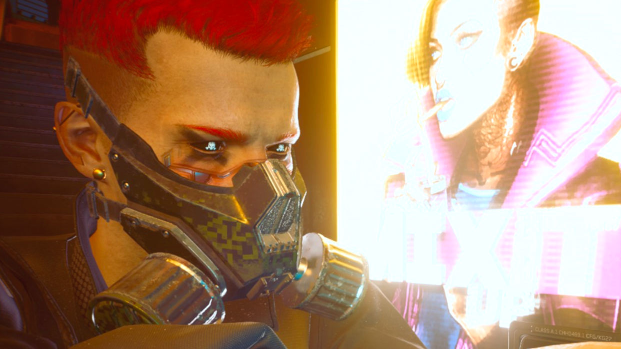  V from Cyberpunk 2077 looks ahead, while a vending machine with bright neon glow illuminates his face. 