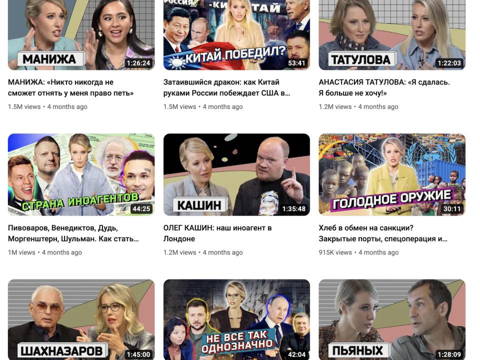 A screenshot of Ksenia Sobchak's YouTube page, showing several video previews.
