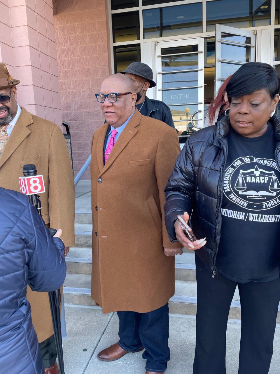 Scot X. Esdaile, president of the Connecticut NAACP state conference, on the steps of Danielson Superior Court on Monday.