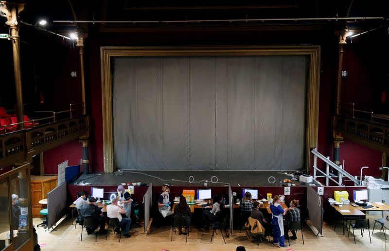 Nurses prepare to perform vaccinations on patients at the Hartlepool Town Hall Theatre vaccination centre, as the spread of the coronavirus disease (COVID-19) continues in Hartlepool