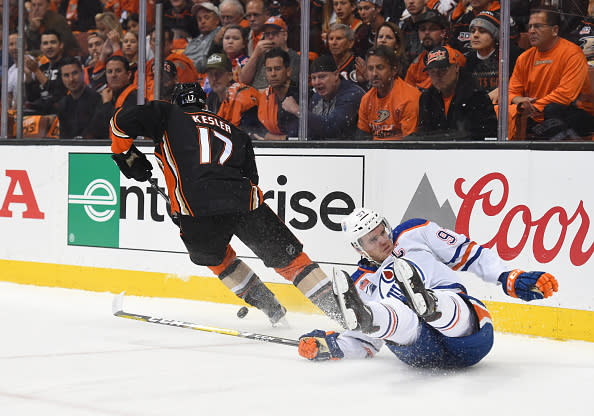 ANAHEIM, CA - APRIL 26: Edmonton Oilers Center Connor McDavid (97) slides into the boards after being tripped by Anaheim Ducks Center Ryan Kesler (17) during game 1 of the second round of the 2017 NHL Stanley Cup Playoffs between the Edmonton Oilers and the Anaheim Ducks on April 26, 2017 at Honda Center in Anaheim, CA. (Photo by Chris Williams/Icon Sportswire via Getty Images)