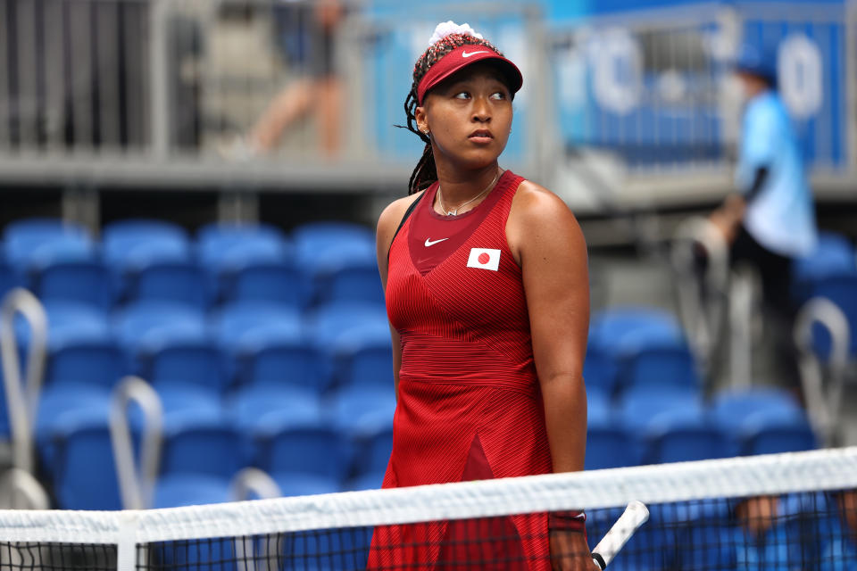 Tokyo 2020 Olympics - Tennis - Women's Singles - Round 2 - Ariake Tennis Park - Tokyo, Japan - July 26, 2021. Naomi Osaka of Japan reacts after winning her second round match against Viktorija Golubic of Switzerland REUTERS/Mike Segar