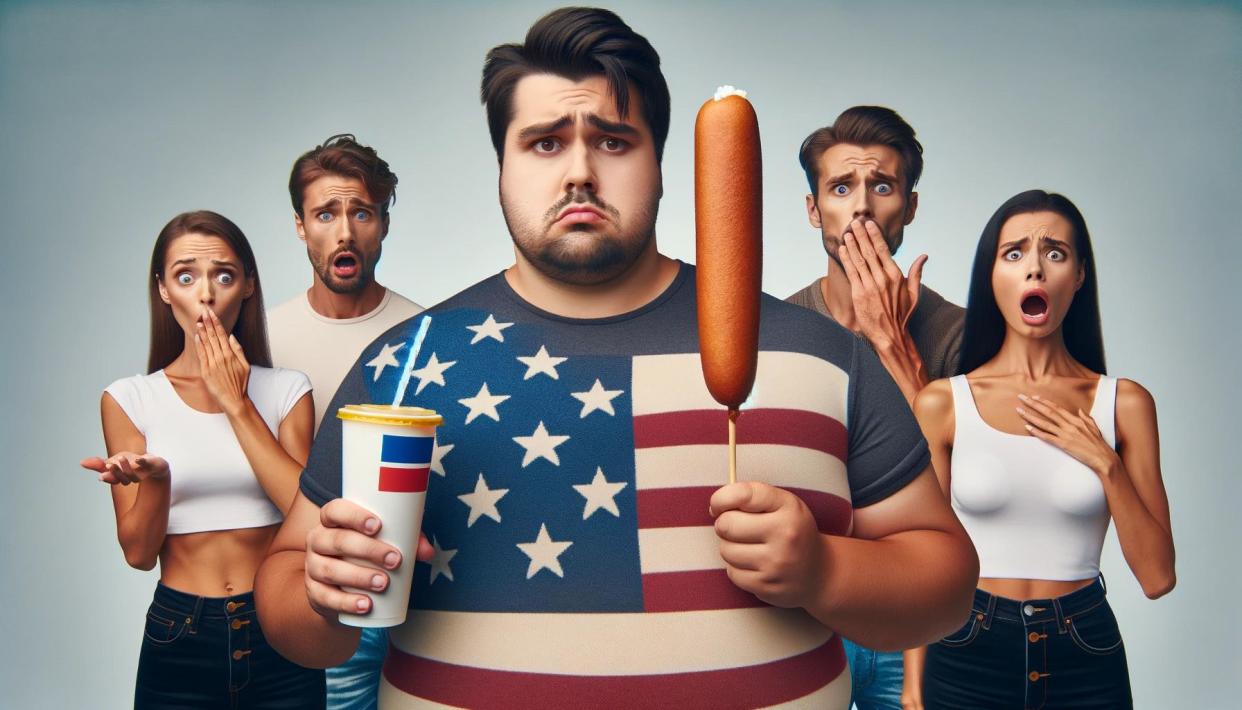 american man eating a corndog while foreigners look at him disgusted