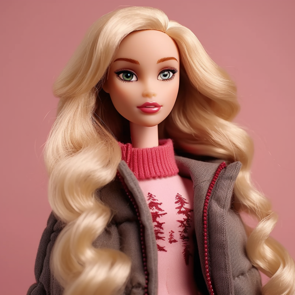 A Barbie wearing a turtleneck with a tree print and a puffy jacket