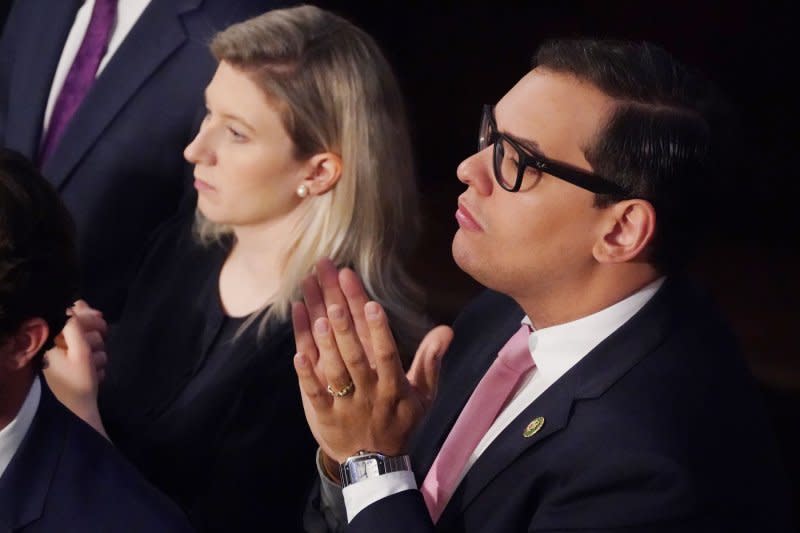 Rep. George Santos, R-N.Y. (R), applauds as Israeli President Isaac Herzog addressed a joint meeting of Congress at the U.S. Capitol in Washington, D.C., in July. The speech was meant to commemorate the 75th anniversary of Israel's statehood, and to reaffirm the U.S.-Israeli relationship. File Photo by Bonnie Cash/UPI