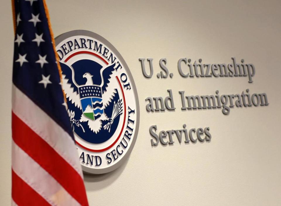 A sign of the U.S. Citizenship and immigration Services inside the USCIS Fresno Field Office.