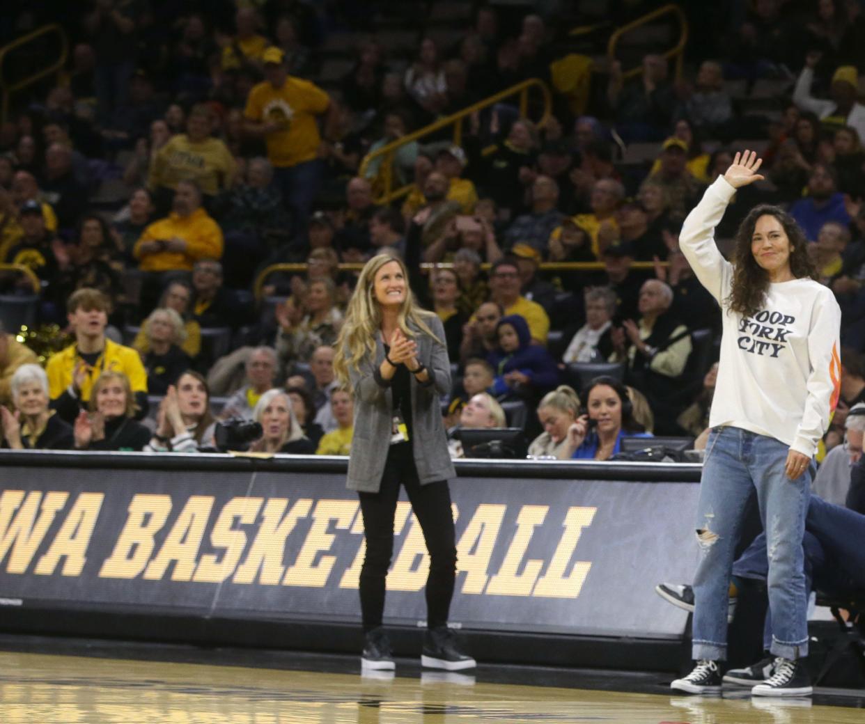 Sue Bird waves to the crowd during the Iowa Women’s Basketball game against Bowling Green Saturday, Dec. 2, 2023 at Carver-Hawkeye Arena in Iowa City, Iowa.