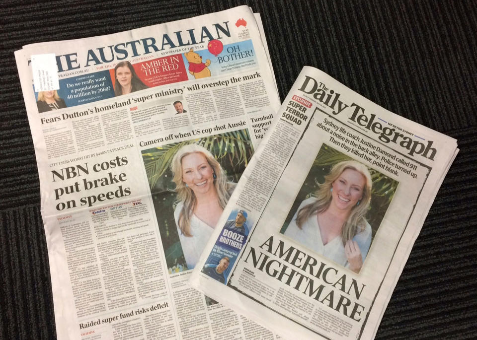 <p>Front pages of two Australian newspapers on Tuesday, July 18, 2017, featuring photos and story of the shooting death of Australia’s Justine Damond who was shot dead by a Minneapolis police officer on Saturday. Australia’s airwaves, newspapers and websites have been dominated by the news of Damond’s death which has stunned many in her native Australia and fed into Australians’ darkest fears about America’s culture of gun violence. (Photo: Kristen Gelineau/AP) </p>