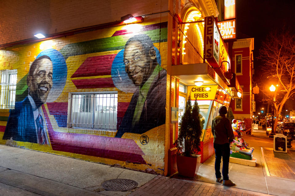 <p>Obama put longtime D.C. institution Ben’s Chili Bowl, established in 1958, on the national map when he visited it shortly after being inaugurated in 2009. He would go on to bring French President Nicolas Sarkozy and his wife, Carla Bruni, there in 2010. Famous patron Bill Cosby, who took his wife to Ben’s on dates as a young man, is honored in a mural outside the restaurant that precedes the recent wave of accusations of sexual assault against him. (Photo: Mary F. Calvert for Yahoo News) </p>