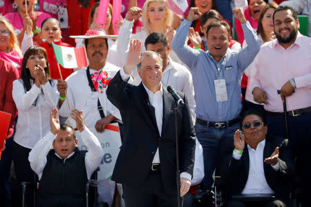 Jose Antonio Meade waves to supporters after being sworn-in as presidential candidate of the ruling Institutional Revolutionary Party (PRI) at Foro Sol in Mexico City, Mexico February 18, 2018. REUTERS/Carlos Jasso