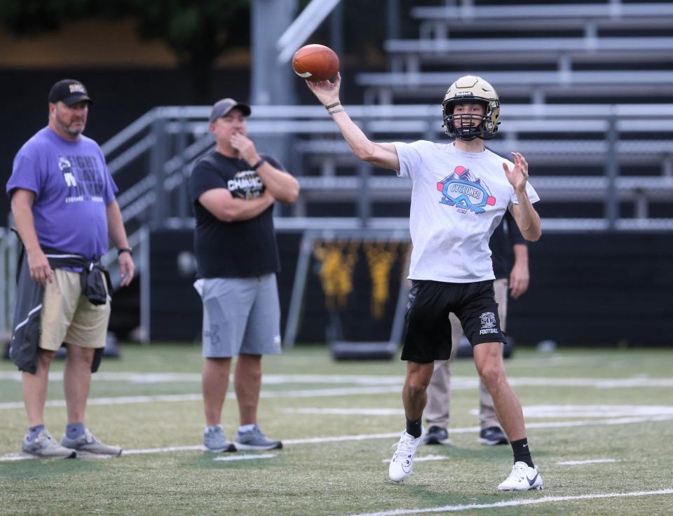 Sacred Heart-Griffin's Levi Hanauer throws the ball during the first official day of practice at Ken Leonard Field on Monday, August 7, 2023.