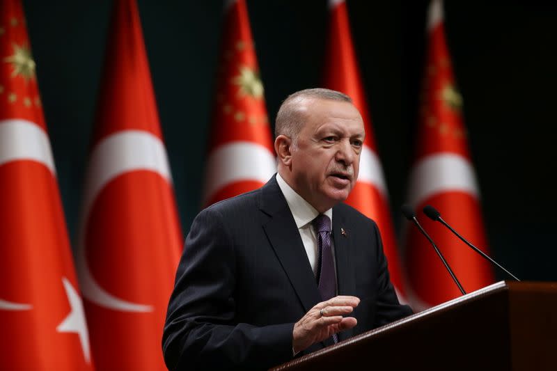 Turkish President Erdogan talks to media following a cabinet meeting in Ankara